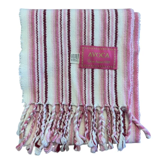 AVOCA Ireland Scarf Hand Woven Striped Fringe Pink White Cashmere Angora Blend - Picture 2 of 3